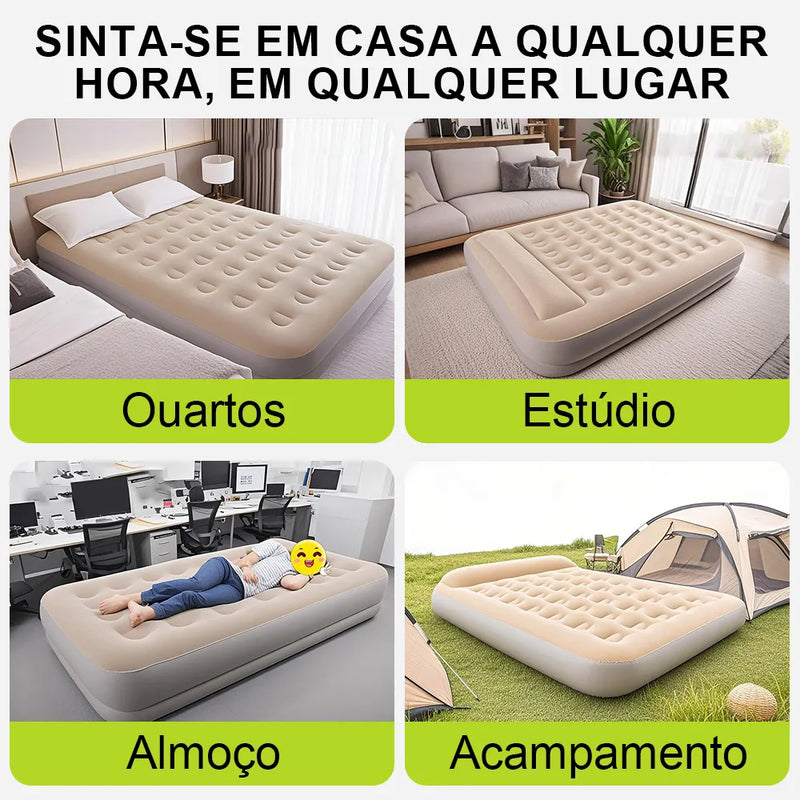 Colchão Inflável Queen com Travesseiro e Bateria de Lítio Inflação Rápida